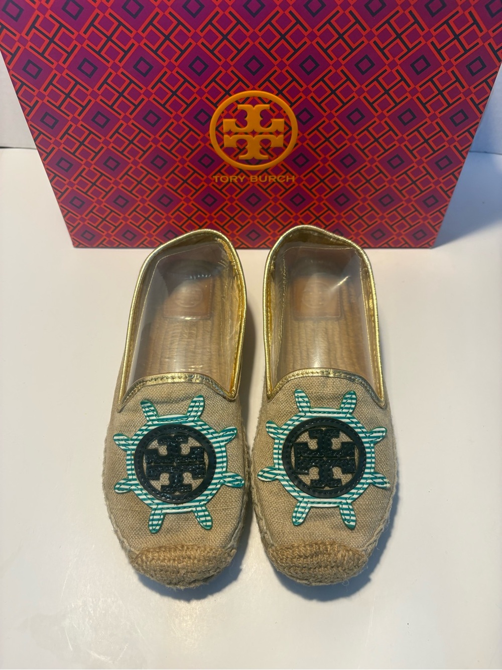 Tory Burch Gold Canvas Espadrille Flats with Teal and Black Emblem